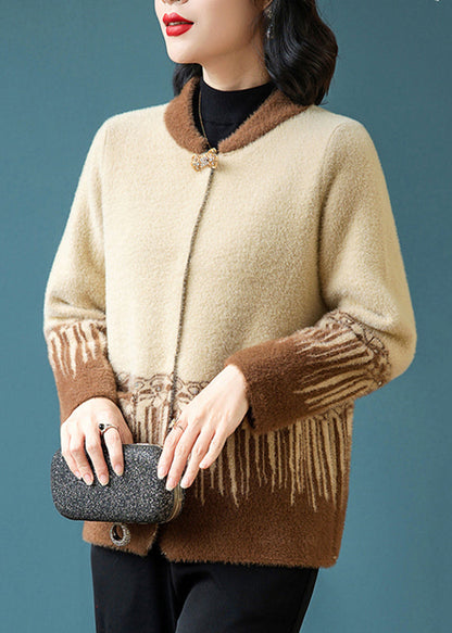 Coffee Button Mink Hair Knitted Coats Long Sleeve