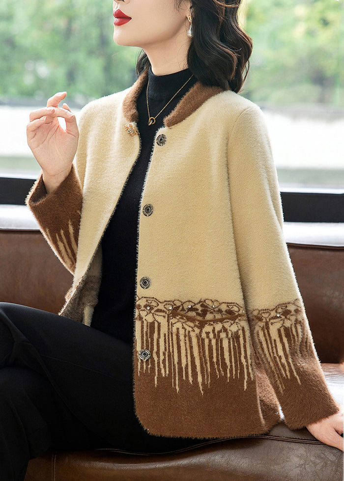 Coffee Button Mink Hair Knitted Coats Long Sleeve