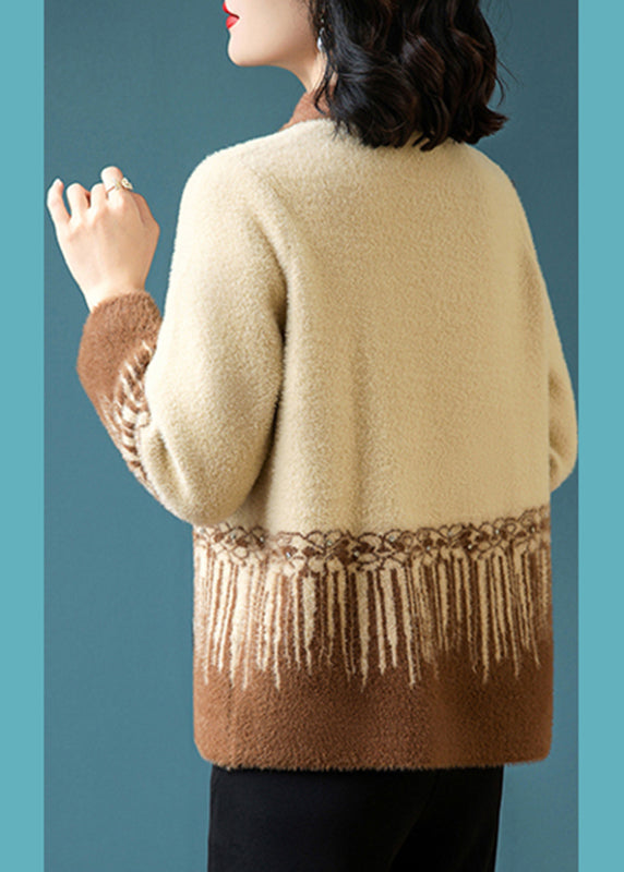 Coffee Button Mink Hair Knitted Coats Long Sleeve