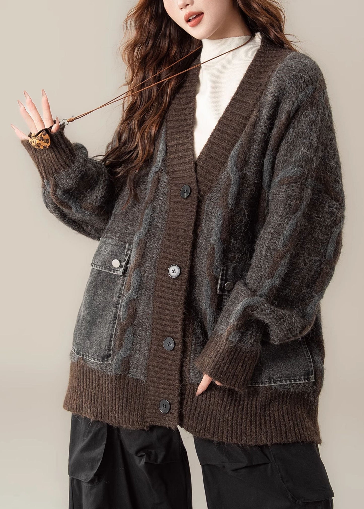 Coffee Button Pockets Patchwork Oversized Knit Coat V Neck