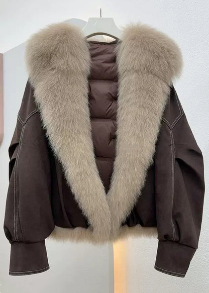 Coffee Button Pockets Solid Fine Cotton Fur Collar