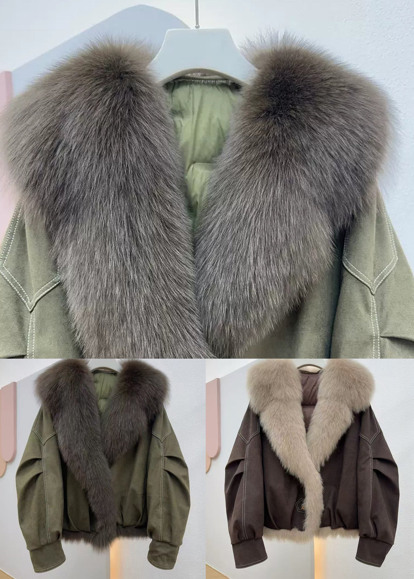 Coffee Button Pockets Solid Fine Cotton Fur Collar