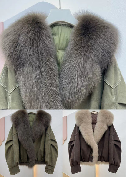 Coffee Button Pockets Solid Fine Cotton Fur Collar