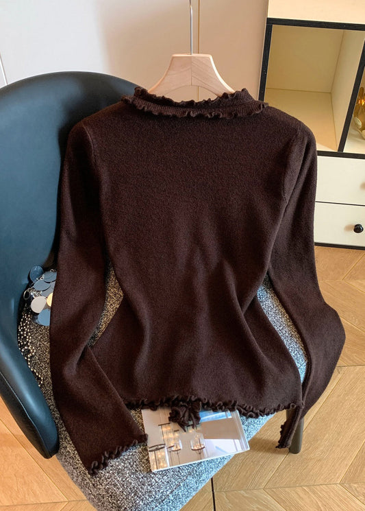 Coffee Button Solid Knit Fall Sweater Ruffled