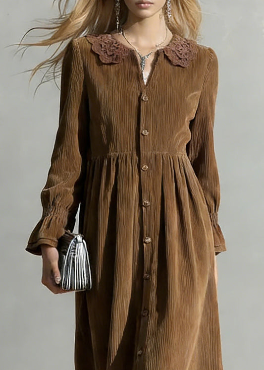 Coffee Button Solid Oversized Corduroy Shirts Dress Peter Pan Collar