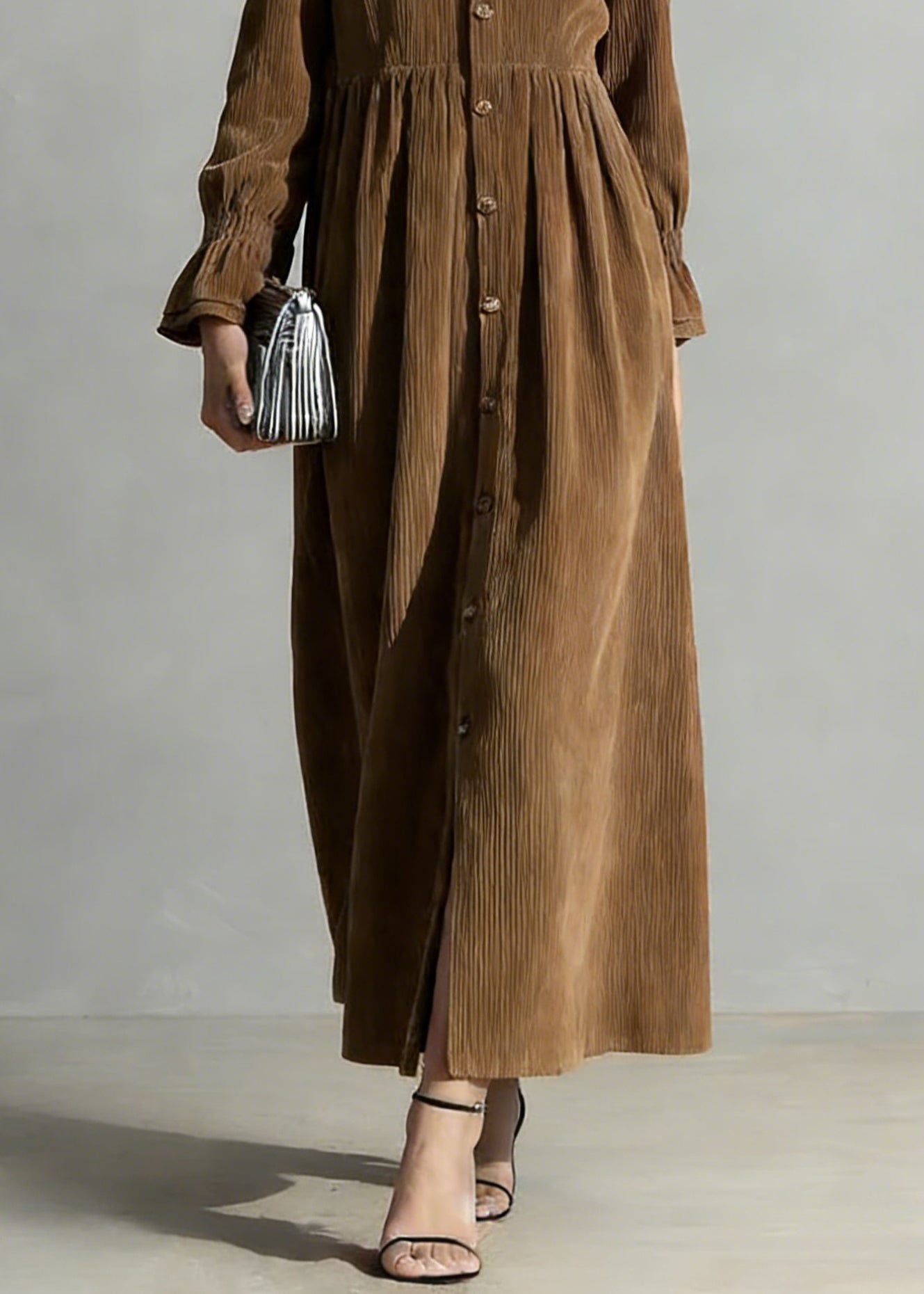 Coffee Button Solid Oversized Corduroy Shirts Dress Peter Pan Collar