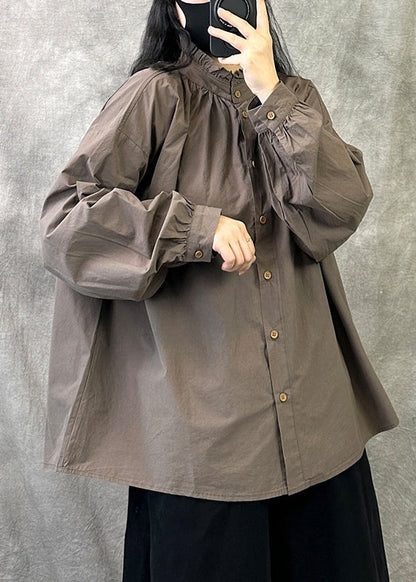 Coffee Casual Cotton Shirt Tops Ruffled Button Fall