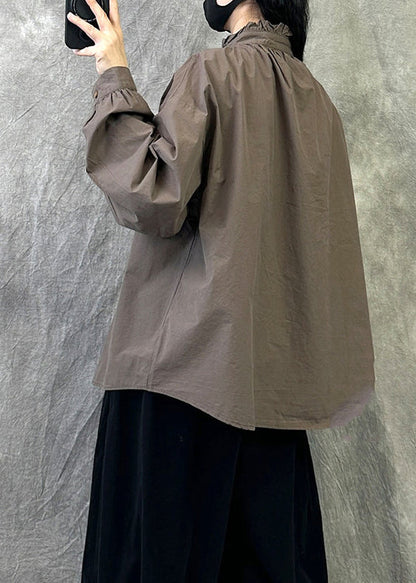 Coffee Casual Cotton Shirt Tops Ruffled Button Fall