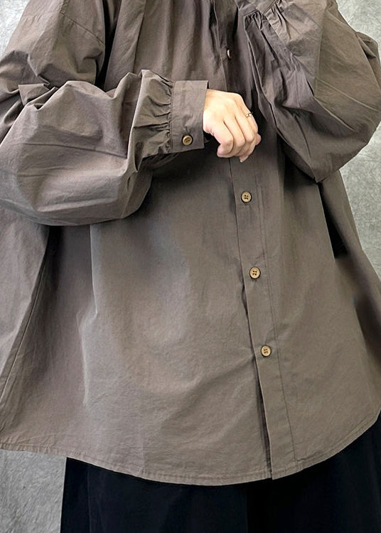 Coffee Casual Cotton Shirt Tops Ruffled Button Fall