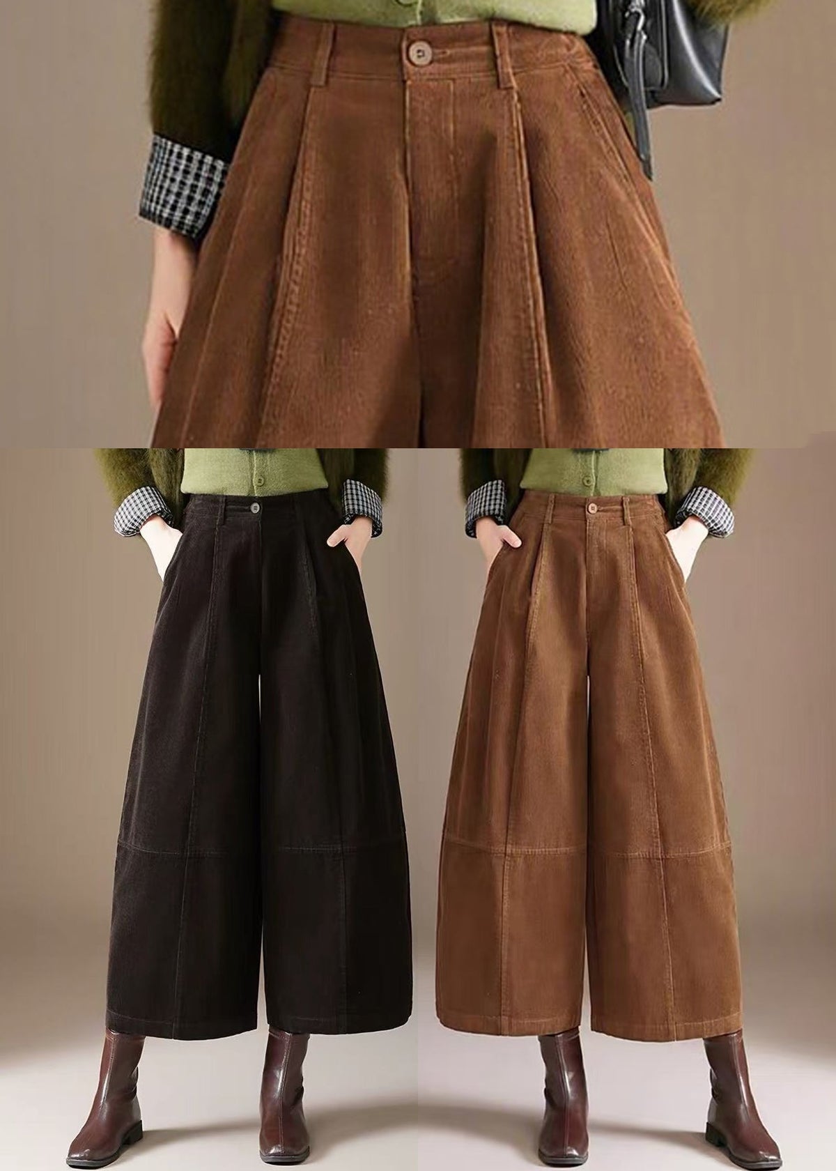 Coffee Corduroy Wide Leg Crop Pants Pockets High Waist Fall