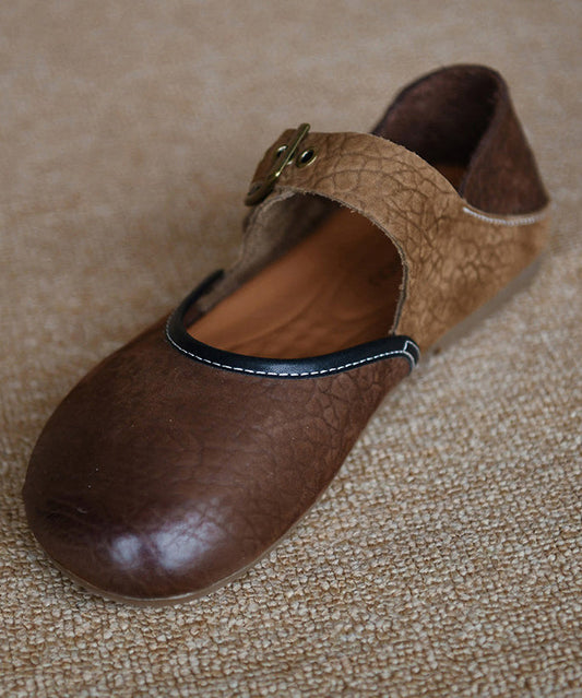 Coffee Cowhide Leather Women Splicing Flat Shoes