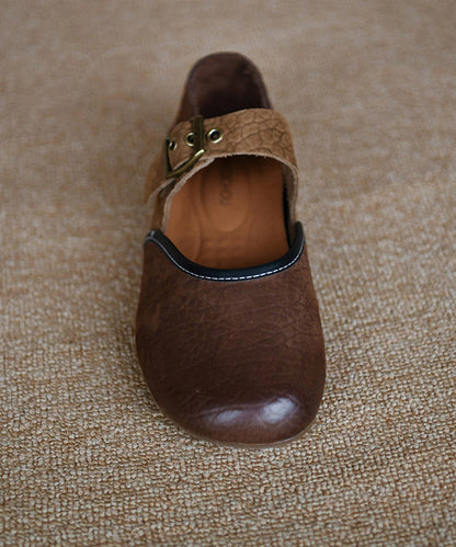 Coffee Cowhide Leather Women Splicing Flat Shoes
