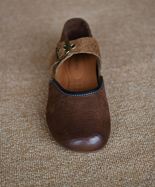 Coffee Cowhide Leather Women Splicing Flat Shoes