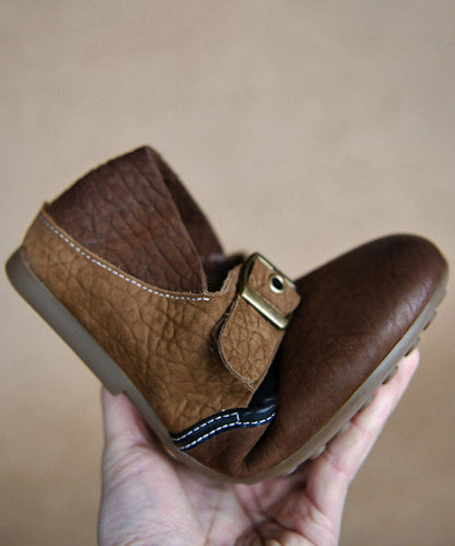 Coffee Cowhide Leather Women Splicing Flat Shoes