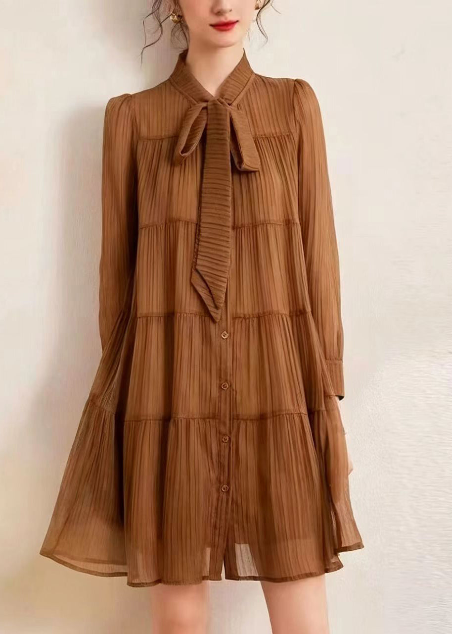 Coffee Dress Stand Collar Lace Up Bow Wrinkled Long sleeve