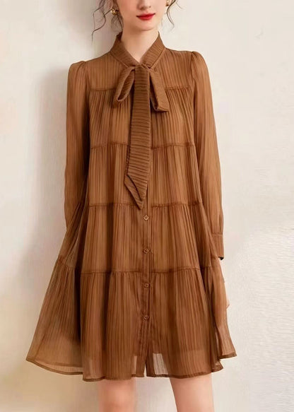 Coffee Dress Stand Collar Lace Up Bow Wrinkled Long sleeve