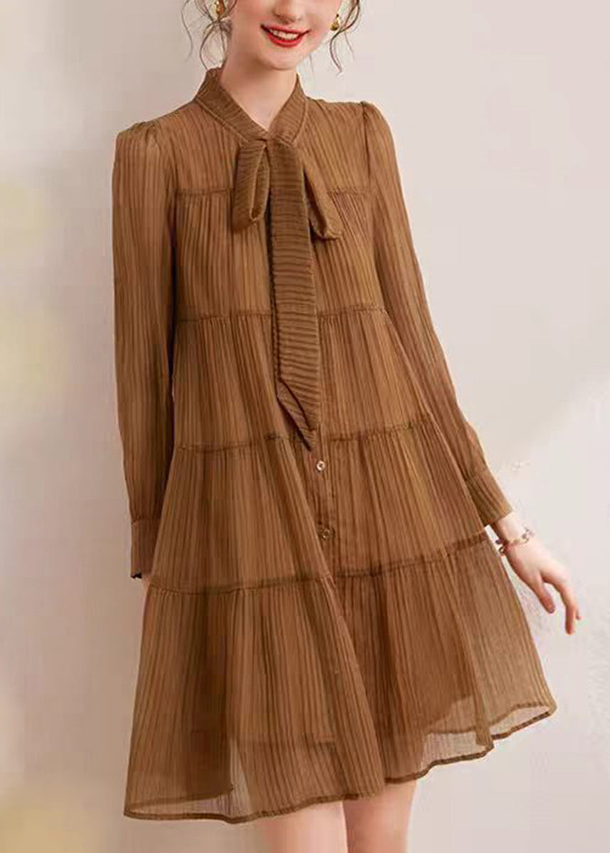 Coffee Dress Stand Collar Lace Up Bow Wrinkled Long sleeve