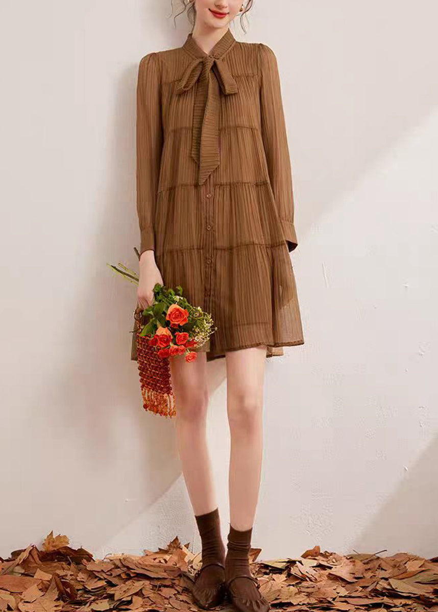 Coffee Dress Stand Collar Lace Up Bow Wrinkled Long sleeve