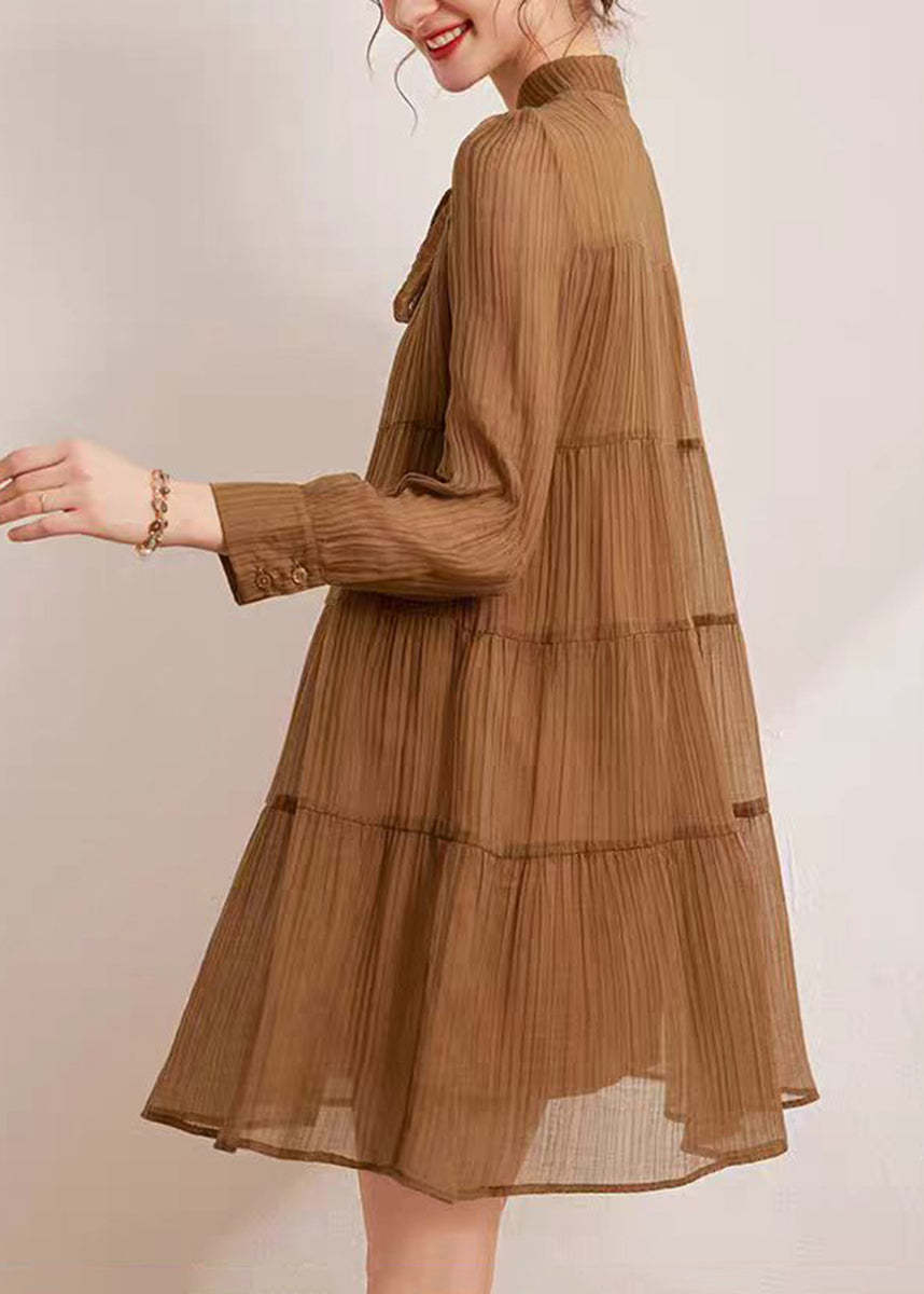 Coffee Dress Stand Collar Lace Up Bow Wrinkled Long sleeve