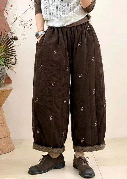 Coffee Embroidered Crop Pants Elastic Waist Corduroy Cotton Filled Fall
