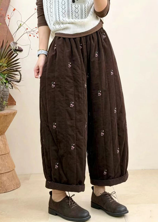 Coffee Embroidered Crop Pants Elastic Waist Corduroy Cotton Filled Fall