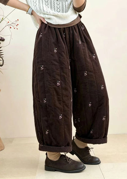 Coffee Embroidered Crop Pants Elastic Waist Corduroy Cotton Filled Fall