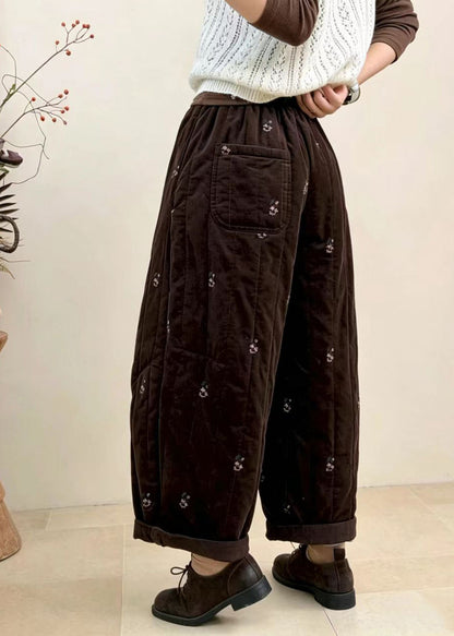 Coffee Embroidered Crop Pants Elastic Waist Corduroy Cotton Filled Fall