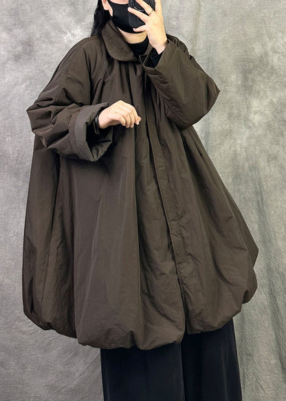 Coffee Fine Cotton Filled Coat Peter Pan Collar Winter Loose Warm