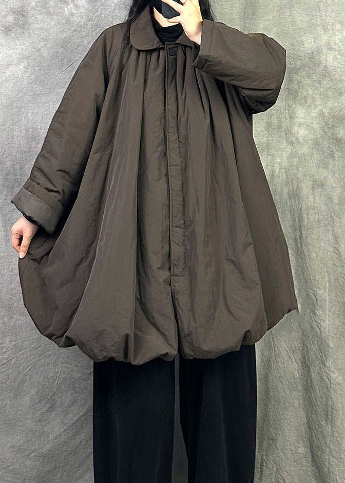 Coffee Fine Cotton Filled Coat Peter Pan Collar Winter Loose Warm
