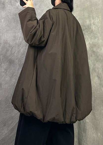 Coffee Fine Cotton Filled Coat Peter Pan Collar Winter Loose Warm