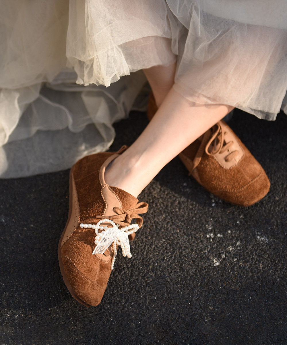 Coffee Flat Shoes For Women Casual Lace Up Bow Flats