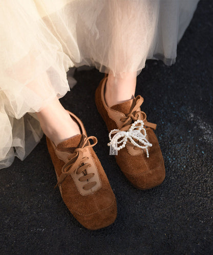Coffee Flat Shoes For Women Casual Lace Up Bow Flats