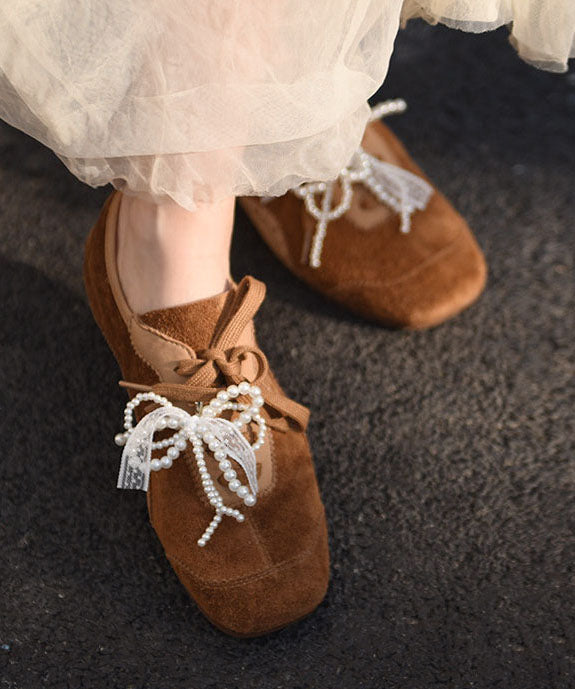Coffee Flat Shoes For Women Casual Lace Up Bow Flats
