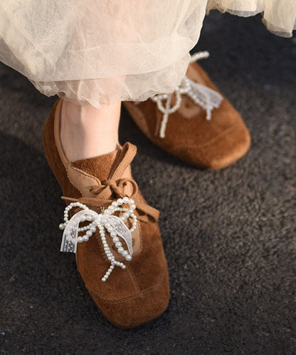 Coffee Flat Shoes For Women Casual Lace Up Bow Flats