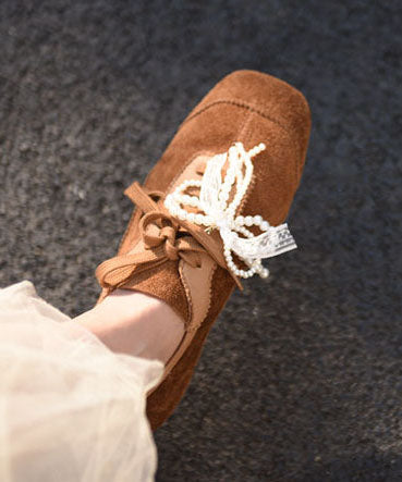 Coffee Flat Shoes For Women Casual Lace Up Bow Flats