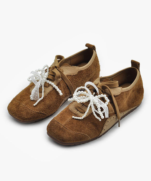 Coffee Flat Shoes For Women Casual Lace Up Bow Flats