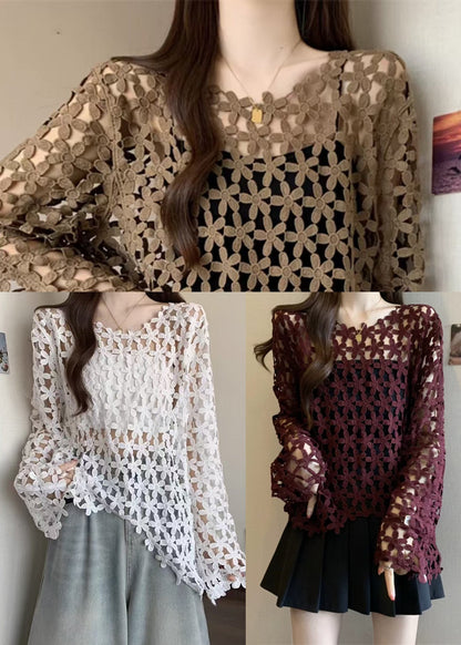 Coffee Floral Lace UPF 50+ Tops Hollow Out Fall