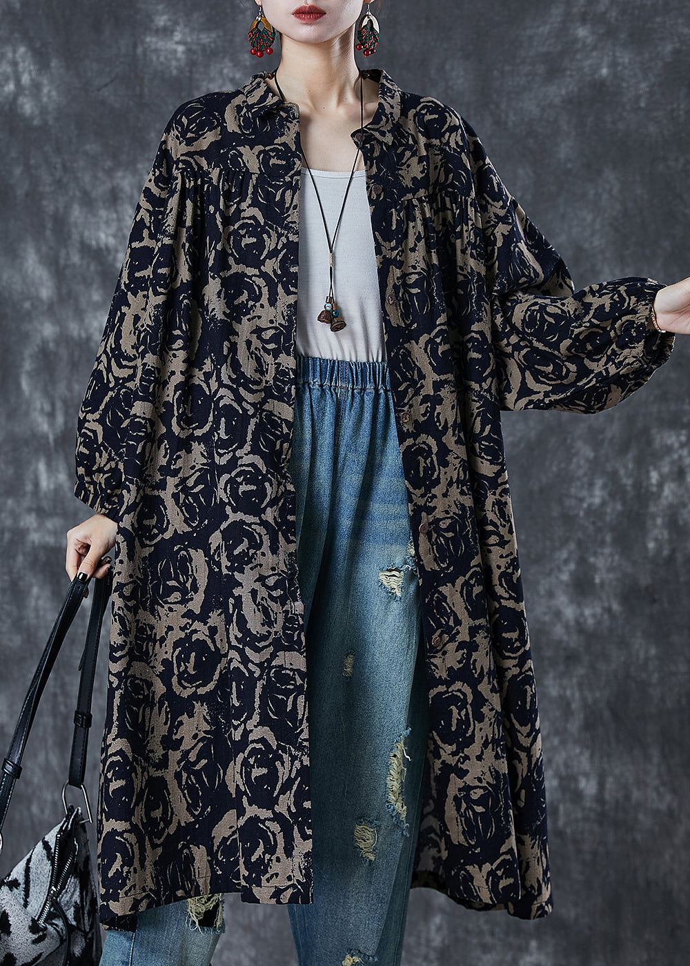 Coffee Floral Print Cotton Shirt Dress Oversized Spring