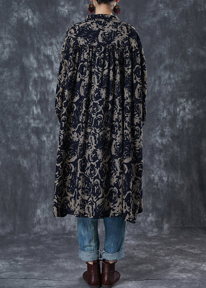Coffee Floral Print Cotton Shirt Dress Oversized Spring