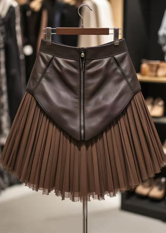 Coffee High Waist Tulle Patchwork Skirts Zippered Spring