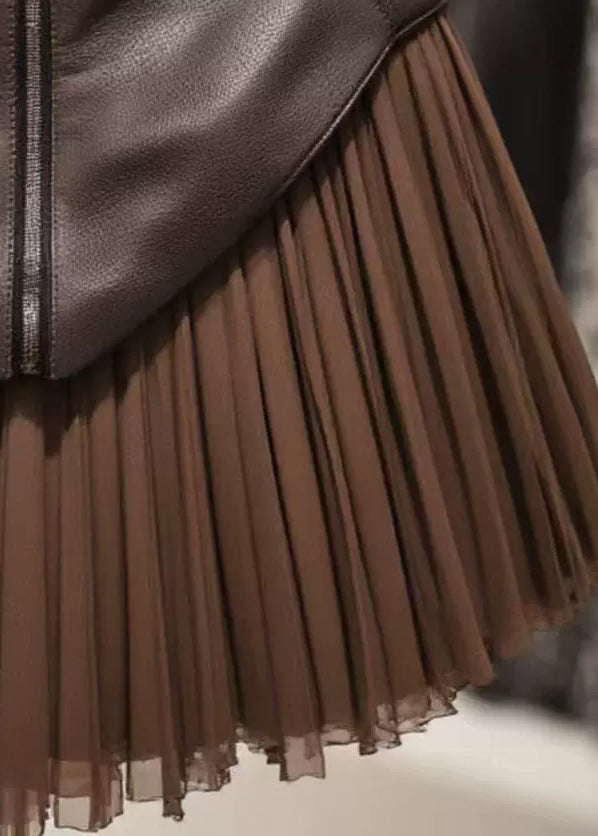 Coffee High Waist Tulle Patchwork Skirts Zippered Spring