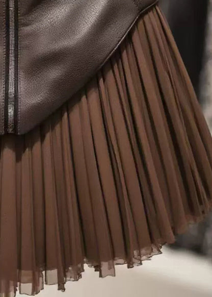 Coffee High Waist Tulle Patchwork Skirts Zippered Spring