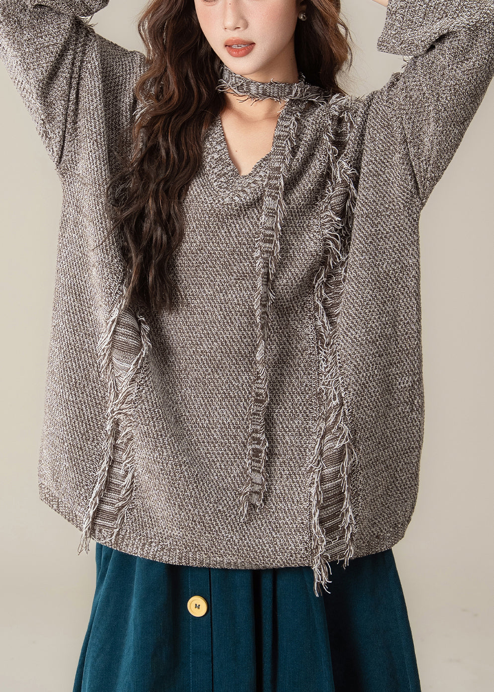 Coffee Hole Frayed Edge Knit Pullover Sweater V Neck