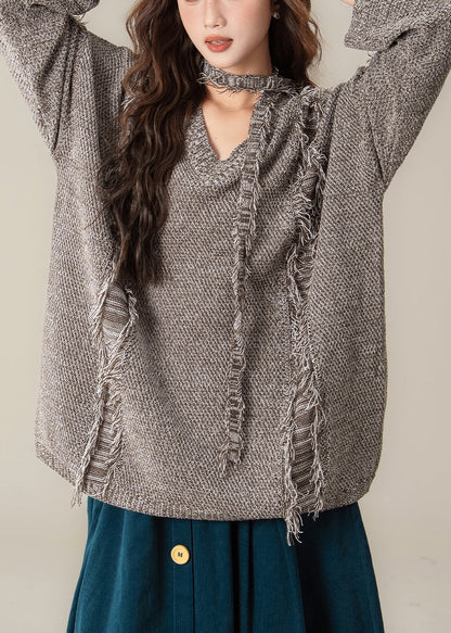 Coffee Hole Frayed Edge Knit Pullover Sweater V Neck