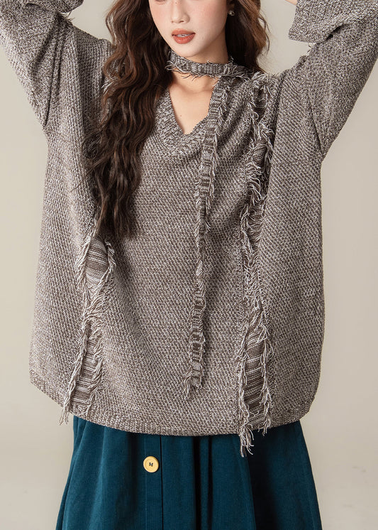 Coffee Hole Frayed Edge Knit Pullover Sweater V Neck