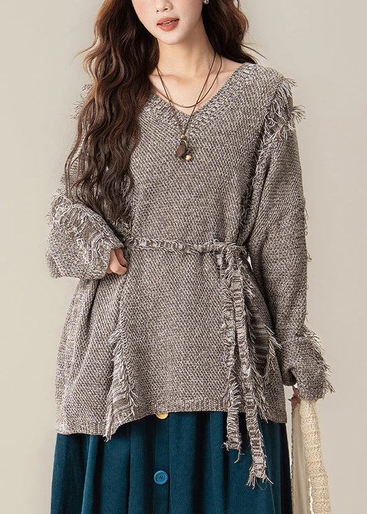Coffee Hole Frayed Edge Knit Pullover Sweater V Neck