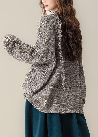 Coffee Hole Frayed Edge Knit Pullover Sweater V Neck