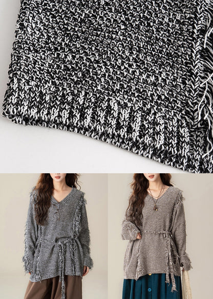 Coffee Hole Frayed Edge Knit Pullover Sweater V Neck