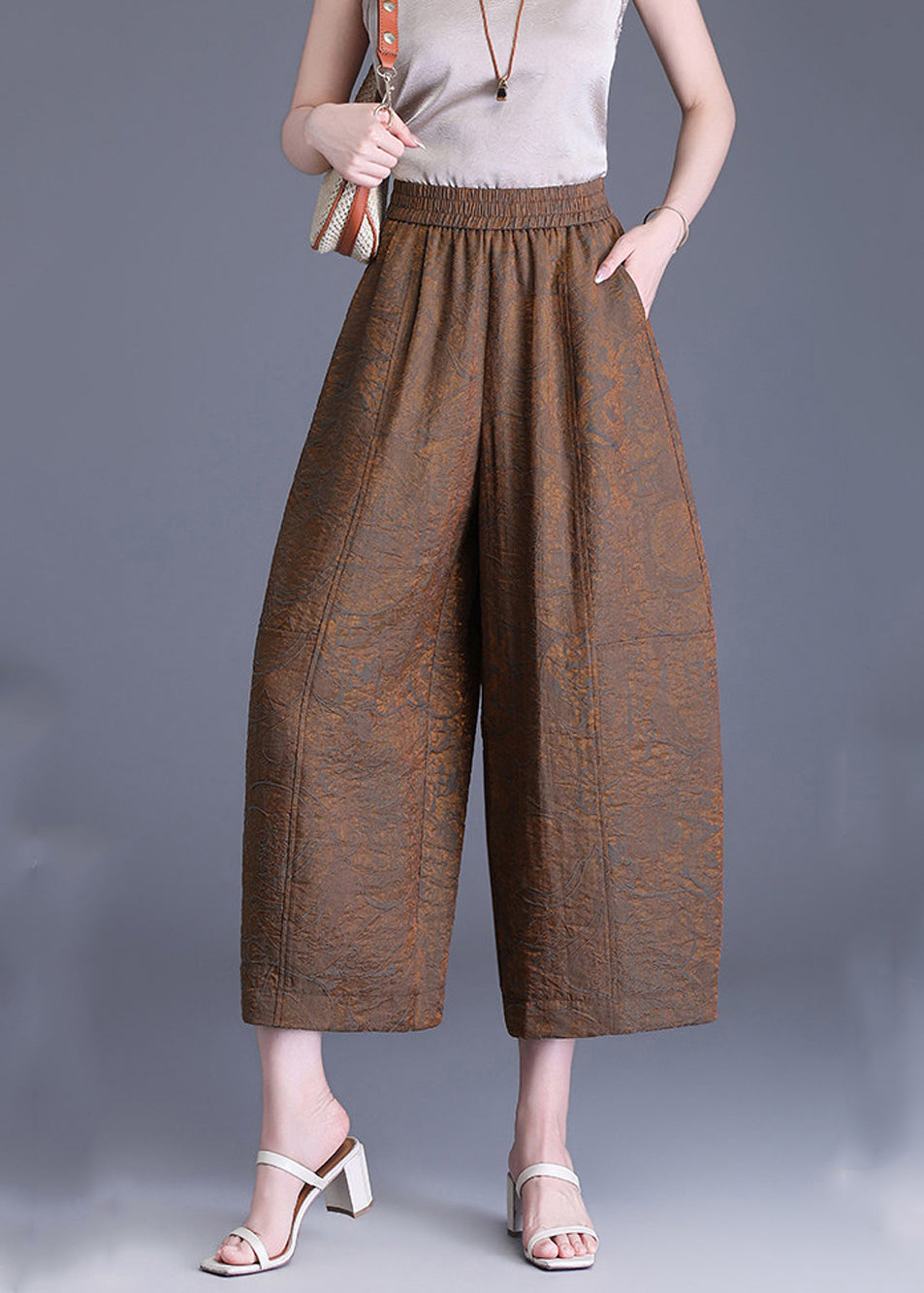 Coffee Jacquard High Waist Wide Leg Crop Pants Summer