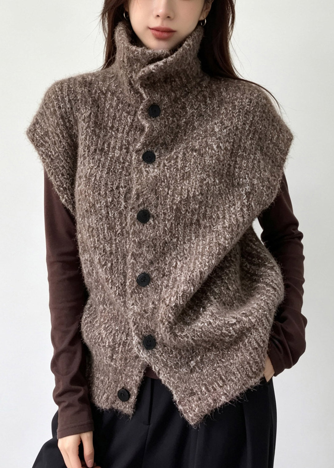 Coffee Patchwork Button Cotton Knit Waistcoat Fall